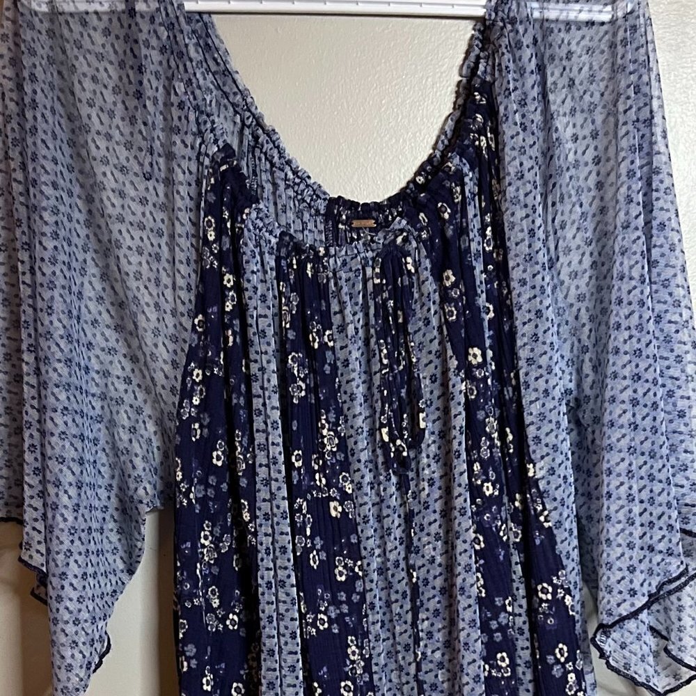 Free People Navy and Light Blue Floral Boho Tunic